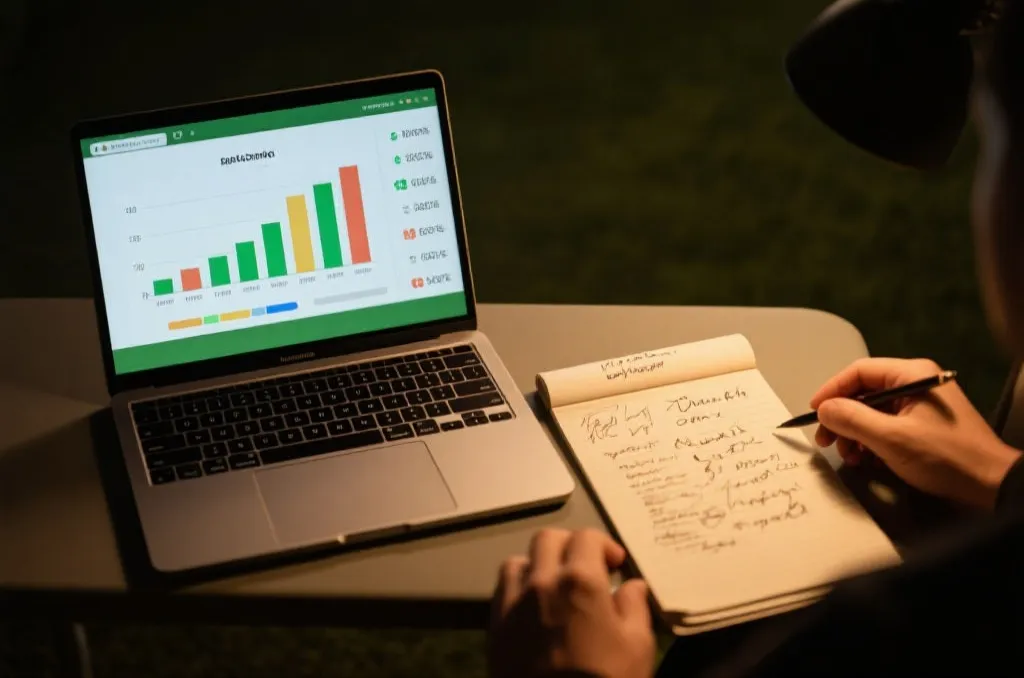 赛后复盘桌面：笔记本记录预测与实际比分、关键事件标注