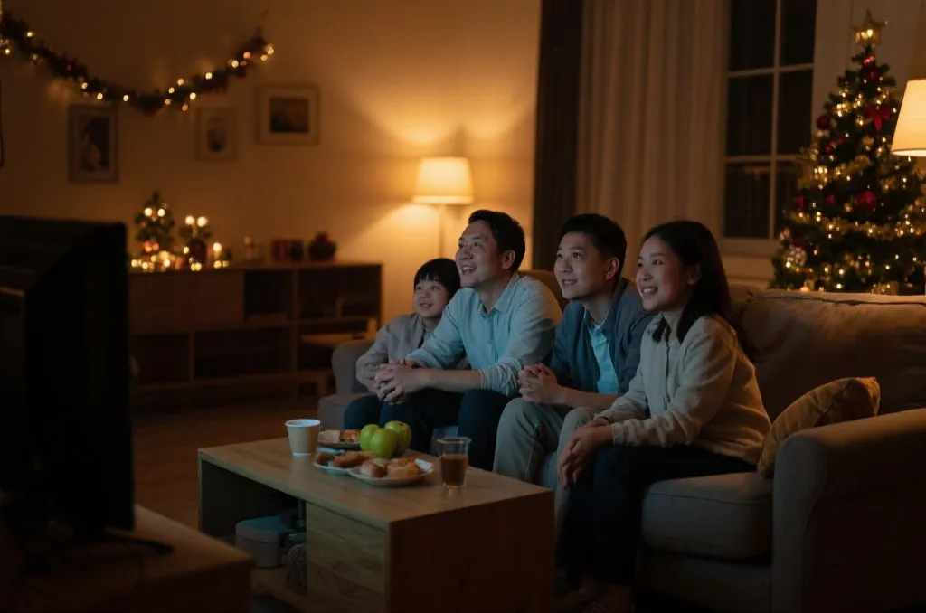 家庭客厅里围坐观看比赛，桌上有零食和饮品，画面温馨