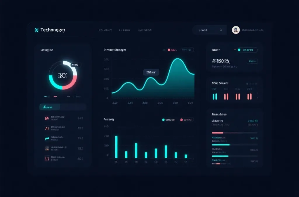Modern technology dashboard interface displaying real-time stream data, abstract glowing graphs, minimalist dark mode, vector elements, clean design